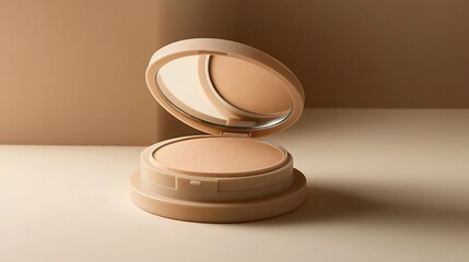 Open-face compact powder on a Beige color background. close-up, space for text, mockup for artwork design.