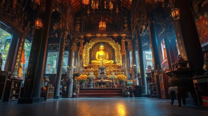 Fototapeta premium A golden Buddha statue sits on an altar in a dimly lit, wooden temple.