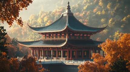 Naklejka premium Traditional Chinese temple with red pillars and a black tiled roof surrounded by autumn foliage.