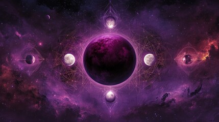 A cosmic scene with a pink planet in the center surrounded by four moons and glowing golden lines.