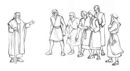 Pencil drawing. The men caught the guy and are leading him