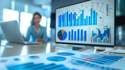 Businesswoman presenting a strategy with statistical icons overlaying her slides in a conference room