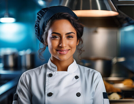 Chef mujer sonriente en la cocina de un restaurante en un entorno moderna cocina de un restaurante, transmitiendo profesionalidad y el estilo contempor&aacute;neo de la hosteler&iacute;a