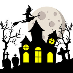 Witch flying over the moon and haunted house