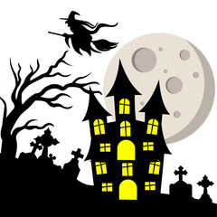 Witch flying over the moon and haunted house