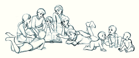 Pencil drawing. Kids reading a book