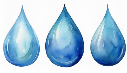 Artistic watercolor painting featuring three blue water droplets with gradient shading, symbolizing purity, fluidity, and nature.