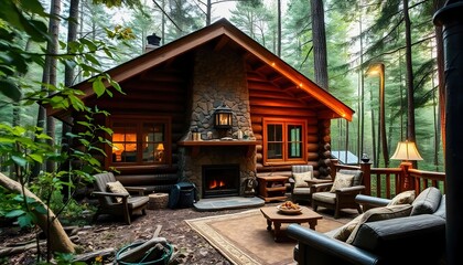 Obraz premium A cozy cabin in the woods featuring warm wooden interiors, a stone fireplace, and soft, ambient lighting. This inviting space exudes comfort and rustic charm, perfect for a peaceful retreat in nature