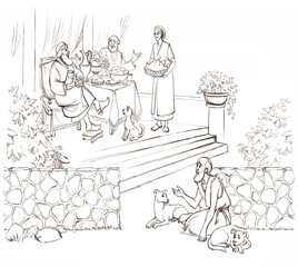 Pencil drawing. The rich man is feasting and the beggar asks for food