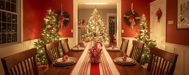 Festive Red and White Christmas Dining Room with Twinkling Lights and Candy Cane Accents