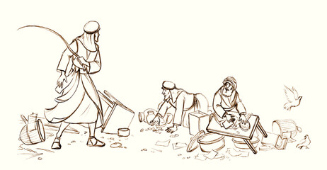 Jesus drives the sellers out of the temple. Pencil drawing