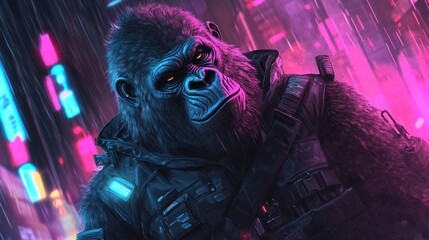 Obraz premium A gorilla in a futuristic setting with glowing neon lights and a serious expression.