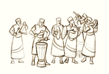 An ancient orchestra is playing. Pencil drawing