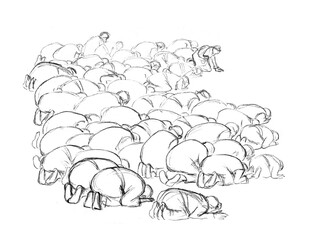 Worship of the God. Pencil drawing