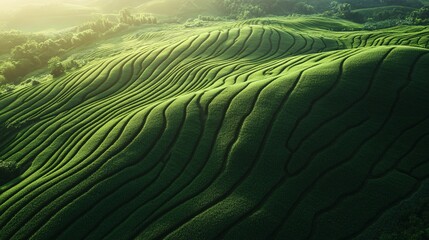 Fototapeta premium Lush green rolling hills under sunlight