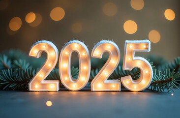 Glowing backlit numbers 2025 on a blurred background with bokeh lights with pine branches. Happy New Year. Festive horizontal banner, card.