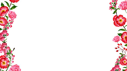 Pink-red camellia flower, horizontal frame , watercolor painting hand-drawn