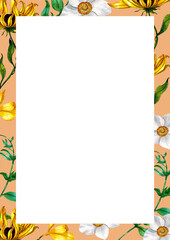 Yellow Sunflower, white anemone flower, vertical frame, watercolor painting hand-drawn