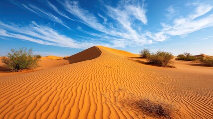 Naklejka premium Orange sand dunes with blue sky and white clouds in a desert landscape.