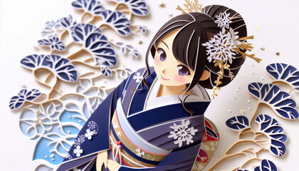 着物 切り絵 イラスト