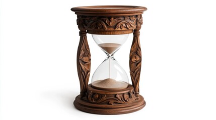 Ornate Wooden Hourglass with Sand Dripping Through Glass Bulbs