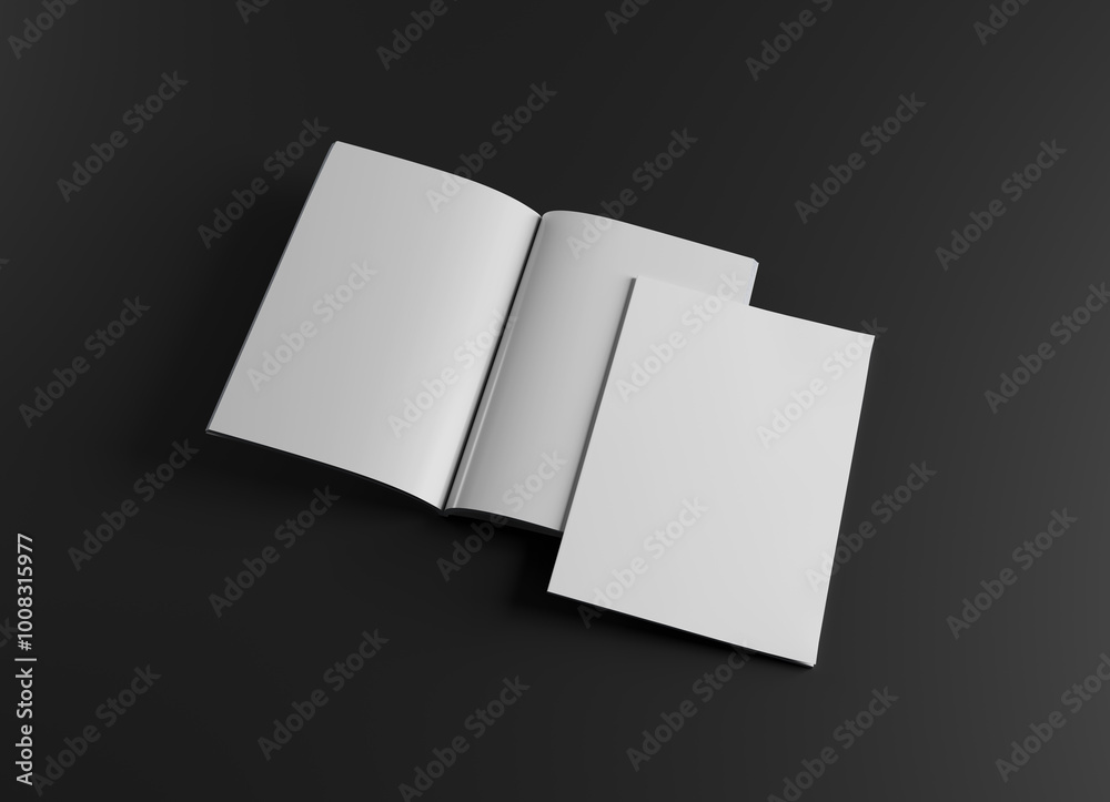 Wall mural isolated magazine cover and open magazine mockup on black background with soft shadows. 3d rendering