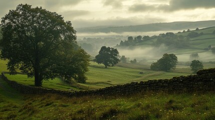 Fototapeta premium A misty morning in the English countryside, with rolling green hills, a stone wall, and a single tree in the foreground.