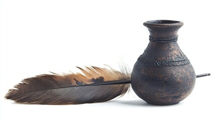 A Brown Clay Pot and a Single Brown Feather on a White Background