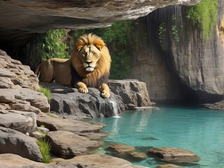 Naklejka premium a lion is sitting on a rock in front of a waterfall.