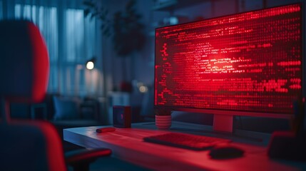 Computer screen showing red ransomware warning message in home office setting, highlighting cybersecurity threats and digital safety concerns