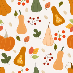 Cute autumn pattern with pumpkins on a white background.
