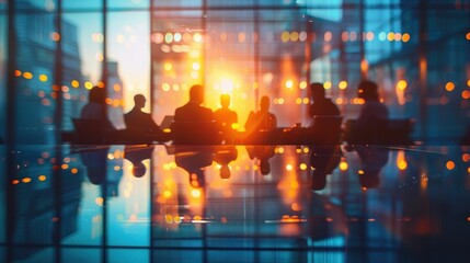 Fototapeta premium Silhouetted business meeting with sunset reflections on a modern glass window.