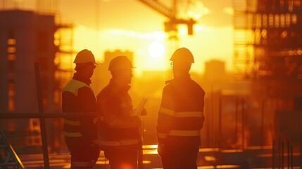 Fototapeta premium Silhouetted construction workers at sunset on a building site.