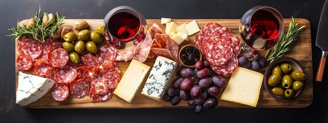Charcuterie and cheese board featuring assorted meats, cheeses, olives, and red wine on a wooden platter