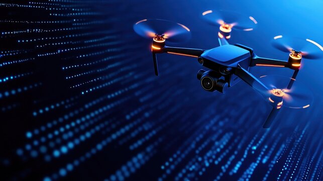 A modern drone flying amidst digital data, showcasing the intersection of technology and innovation.
