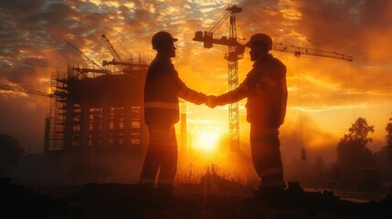 Silhouettes of construction workers shaking hands during sunset.