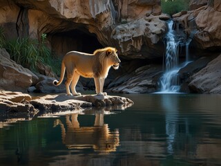 Naklejka premium a lion stands on a rock in front of a waterfall.