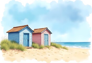 Beach huts or colorful bathing boxes on the beach
