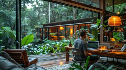Naklejka premium A man works from home with a view of nature outside an open window. The concept of remote work, freelancing