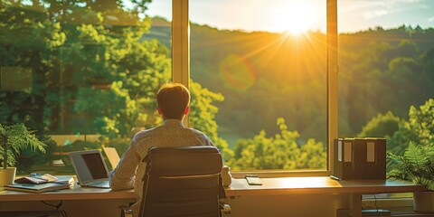 A man works from home with a view of nature outside an open window. The concept of remote work, freelancing