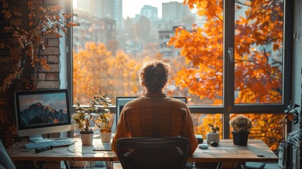 A man works from home with a view of nature outside an open window. The concept of remote work, freelancing