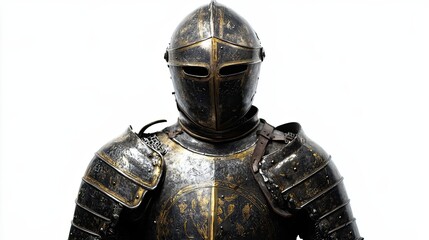 A medieval knight in full armor, facing forward, against a white backdrop.