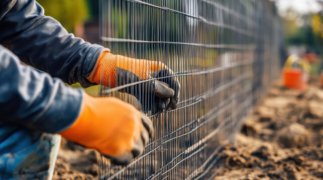 worker installs a mesh fence on a plot of land, 