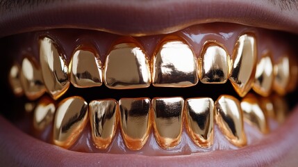 Obraz premium Close-up of a mouth with gold teeth.