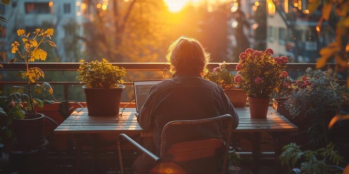 A man works from home with a view of nature outside an open window. The concept of remote work, freelancing