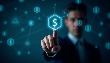 Young Businessman Interacting with Glowing Dollar Sign Icon on Futuristic Digital Interface for Financial Technology Concepts