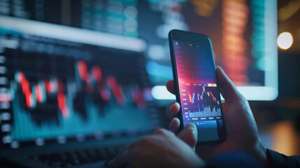 A hand holding a mobile phone displaying a trading graph and stock market data
