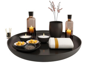 A serene spa arrangement featuring candles, essential oils, and a towel for relaxation.