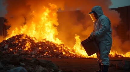 Firefighter man extinguishes a mountain of garbage