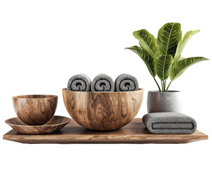 A serene display of wooden bowls, rolled towels, and a plant, suggesting relaxation and wellness.